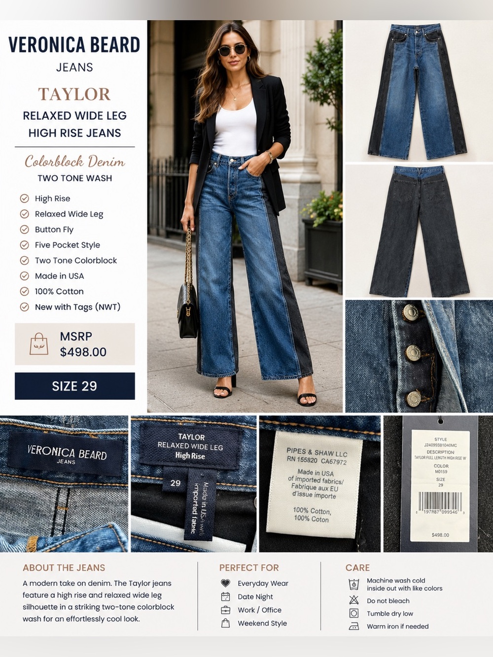 Veronica Beard Taylor Two-Tone Wide-Leg Jeans in Blue & Black—Size: 29